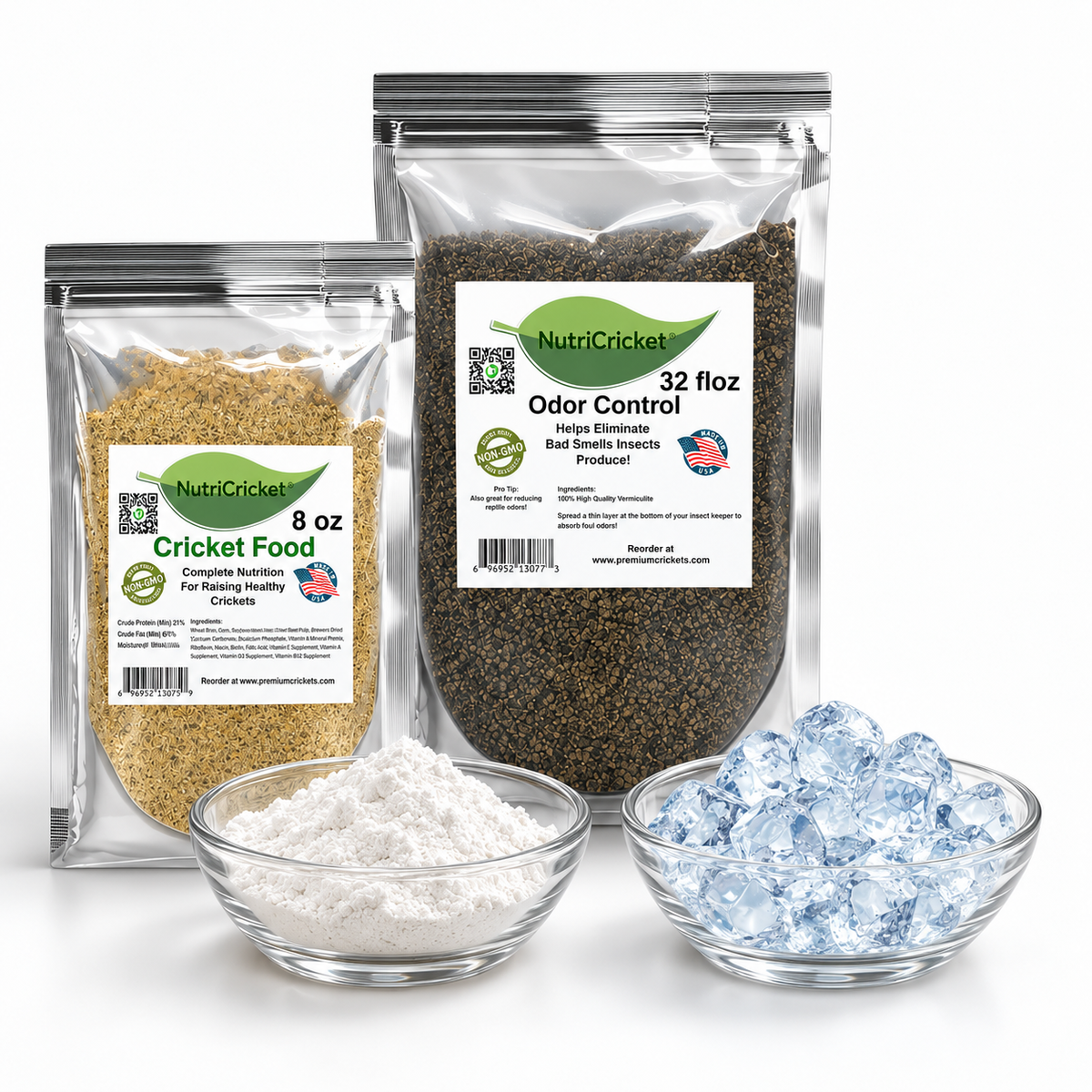 Cricket Complete feeder insect care kit with cricket food, odor control, calcium dust, and water crystals