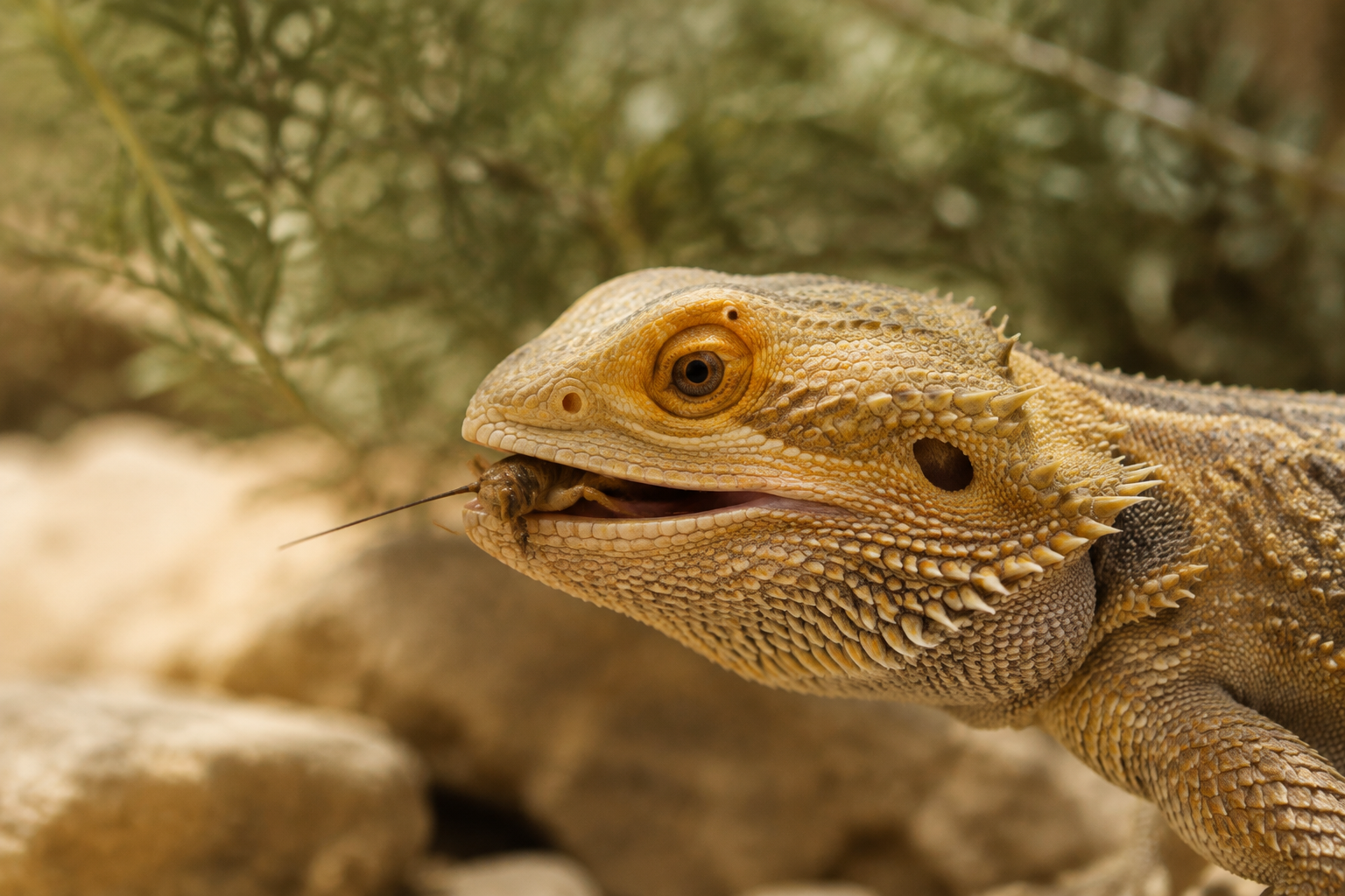 Bearded dragon eating a cricket